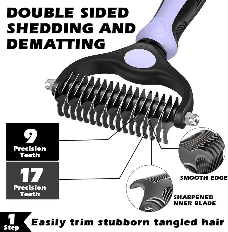 Augwind 3PCS Self Cleaning Slicker Brush & Pet Grooming Rake & Flea Comb for Dogs,Cats and Horses | Double-Sided Dematting Comb & Skin Friendly Deshedding Grooming Tool | Pet Supplies(Light Purple Black) - Image 2